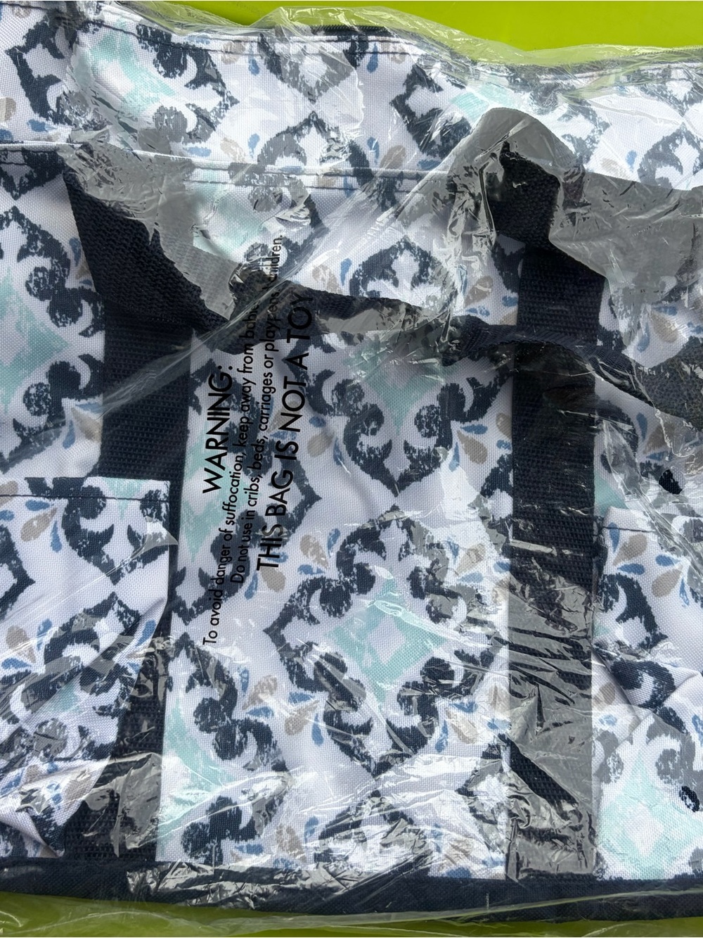 Floral Pattern Canvas Tote in White, Black & Mint